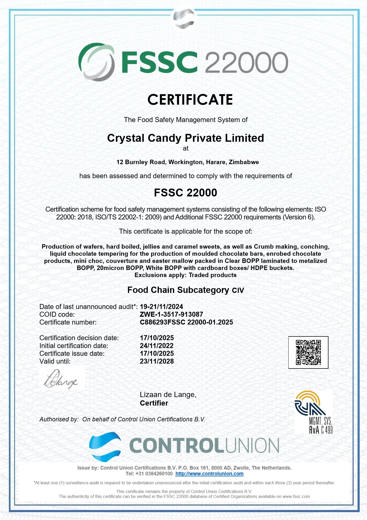FSSC 22000 certificate for Crystal Candy Private Limited, certificate C886293, valid until 23 November 2028