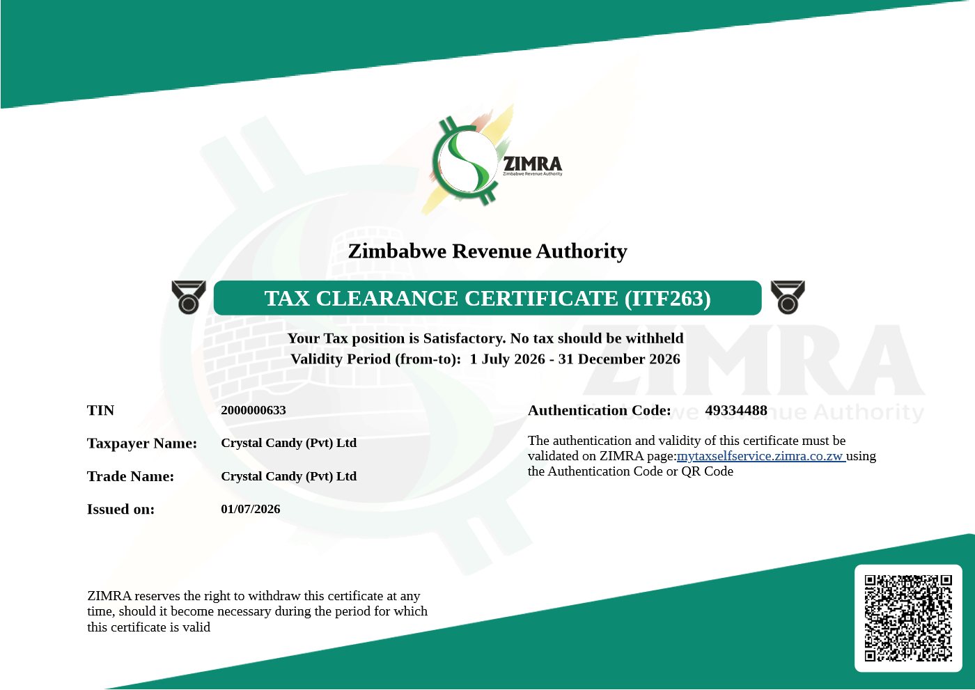 ZIMRA tax clearance certificate ITF263 for Crystal Candy (Pvt) Ltd, valid 1 July to 31 December 2026