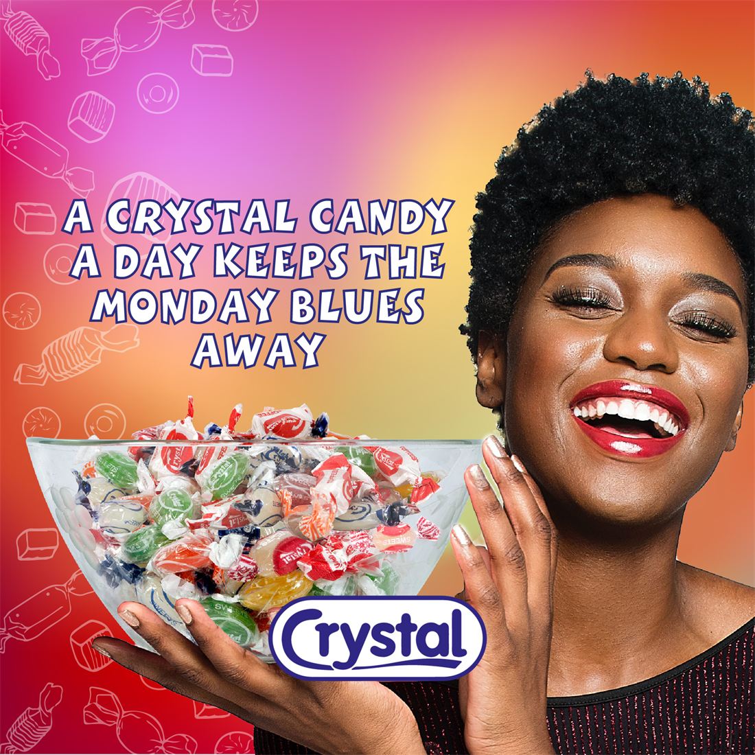 A woman smiling with a bowl of Crystal sweets