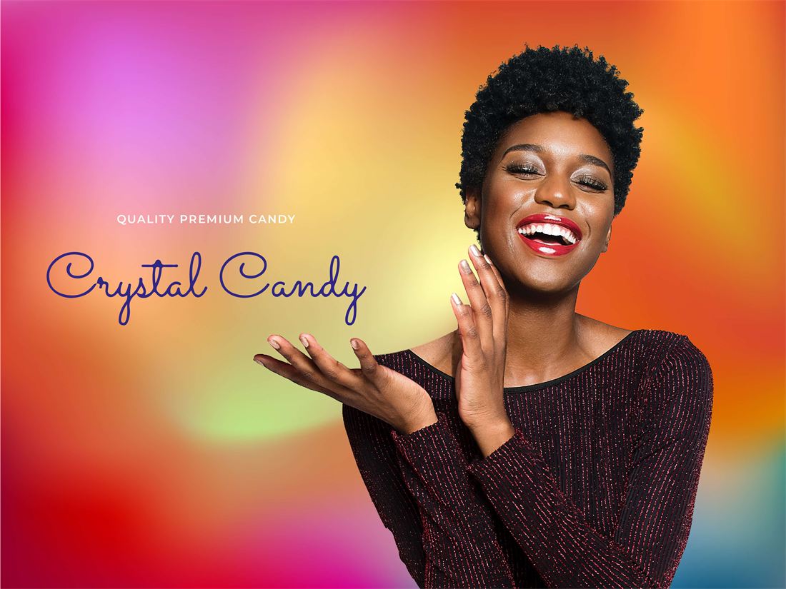 A woman smiling, beside the words Crystal Candy
